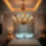 A luxurious chandelier illuminating a modern bedroom