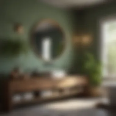 An elegant bathroom adorned with earthy greens and wooden accents.