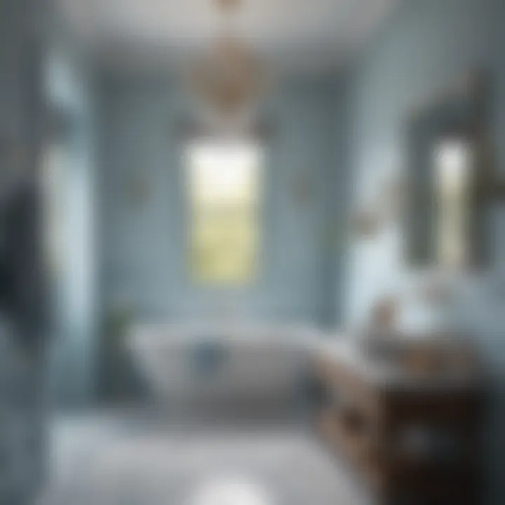 A serene bathroom featuring soft blue tones and natural light.