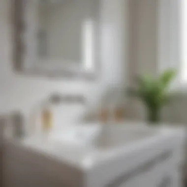 Close-up of white vanity showcasing modern fixtures and textures