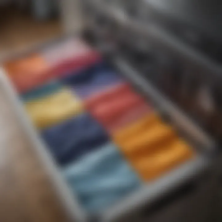 Close-up of Songmics laundry sorter's compartments filled with colorful clothes