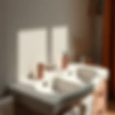 Stylish bathroom featuring a two hole sink with chic accessories