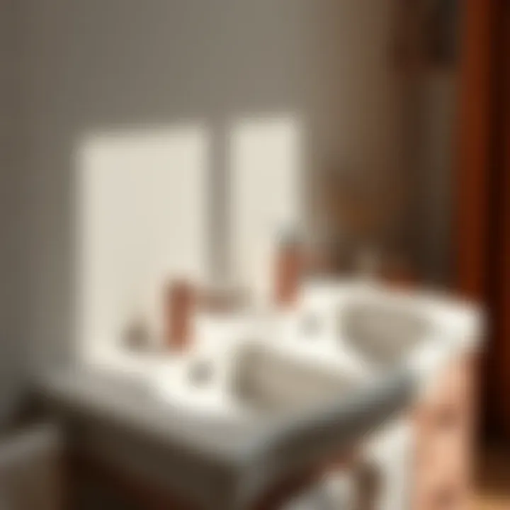 Stylish bathroom featuring a two hole sink with chic accessories