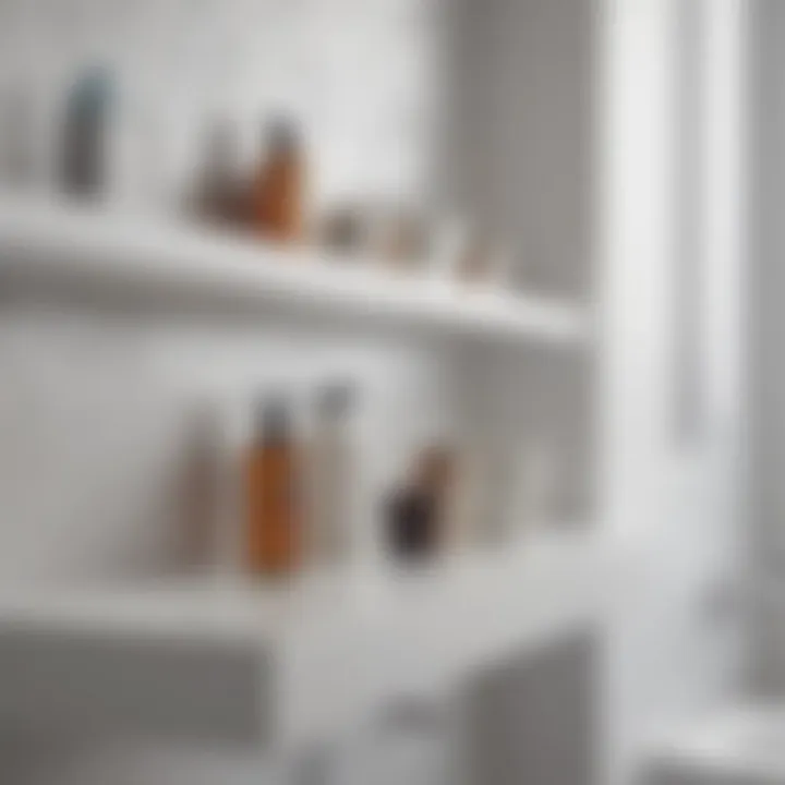 Close-up of materials used for white bathroom shelves