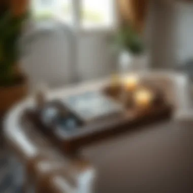 Elegant wooden bathtub caddy with a book and candles