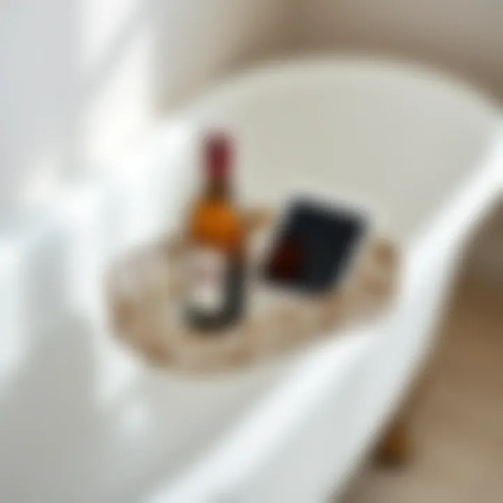 Stylish metal bathtub caddy holding wine and a tablet