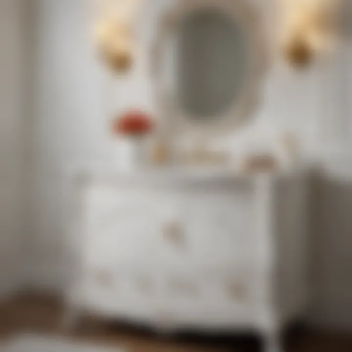 Classic white bathroom vanity featuring ornate details and traditional design elements