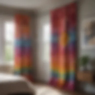 Colorful tie dye curtains paired with modern bedroom decor