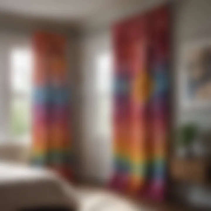 Colorful tie dye curtains paired with modern bedroom decor