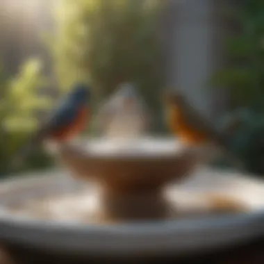 Nature's Delight Birds enjoying a refreshing bath in a white bird bath