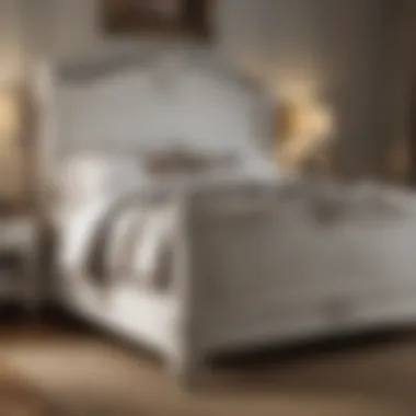 Elegant White Distressed Bed Frame Elegant white distressed wood bed frame in a cozy bedroom