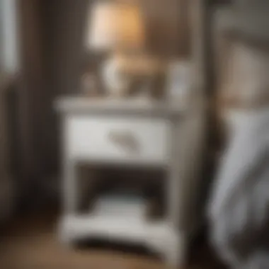 Stylish White Distressed Nightstand Decor Stylishly decorated white distressed wood nightstand with personal items