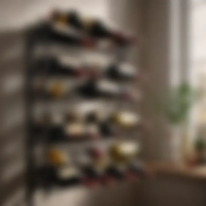 Vintage wine rack filled with classic wine bottles