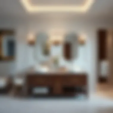Sophisticated Ambiance with Dual Sinks Stylish bathroom featuring a wooden double sink vanity and sophisticated decor