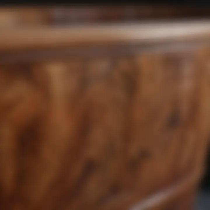 Close-up of the intricate wood grain on a freestanding bathtub