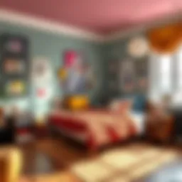 A vibrant bedroom featuring anime-inspired wall art and plush toys