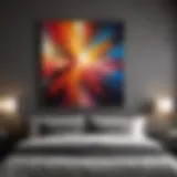 A beautifully decorated bedroom featuring a large abstract painting above the bed.