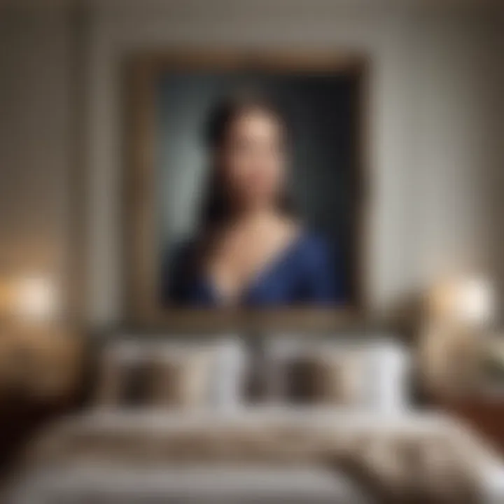 An elegant bedroom with a large framed portrait that adds a touch of sophistication.