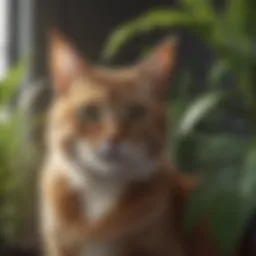 Cat looking curiously at a toxic indoor plant