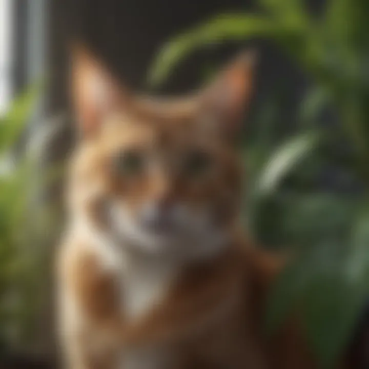 Cat looking curiously at a toxic indoor plant