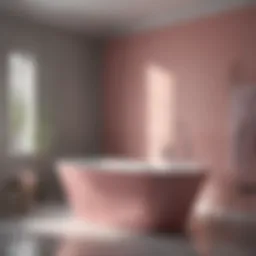 Elegant grey and pink bathroom featuring a freestanding tub