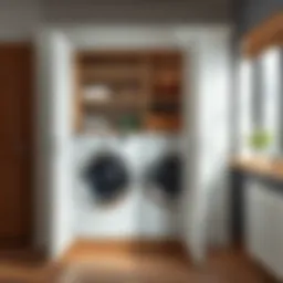 Modern sleek laundry cabinet with open shelving