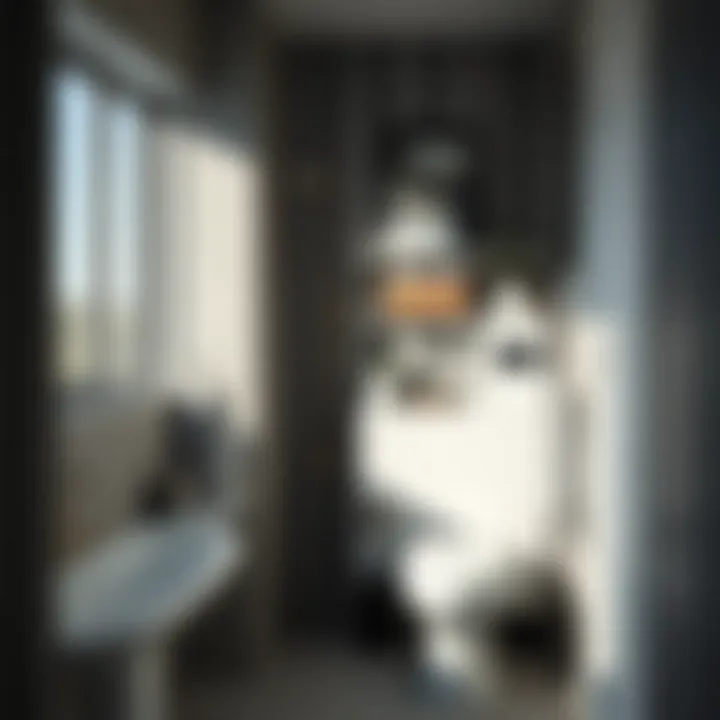 Stylish storage solutions integrated within a small bathroom featuring a stand-up shower