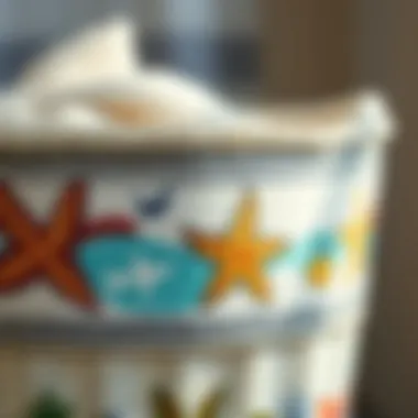 A close-up of intricate beach motifs on a laundry basket showcasing cultural influences.