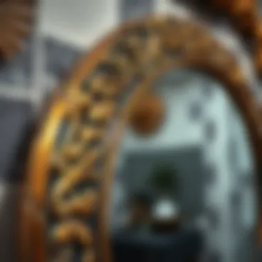 Close-up of the intricate design on an aged brass mirror frame