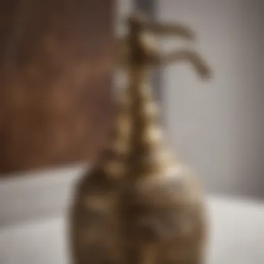 Close-up of intricate detailing on an antique brass soap dispenser