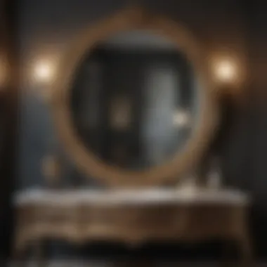 Stylish Vanity with Decorative Features Stylish vanity featuring a mirror and decorative elements