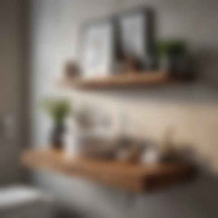 Elegant wooden shelf design above a toilet showcasing decorative items