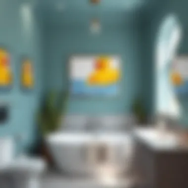 Modern Bathroom with Rubber Duck Artwork A modern bathroom showcasing rubber duck themed artwork and decor