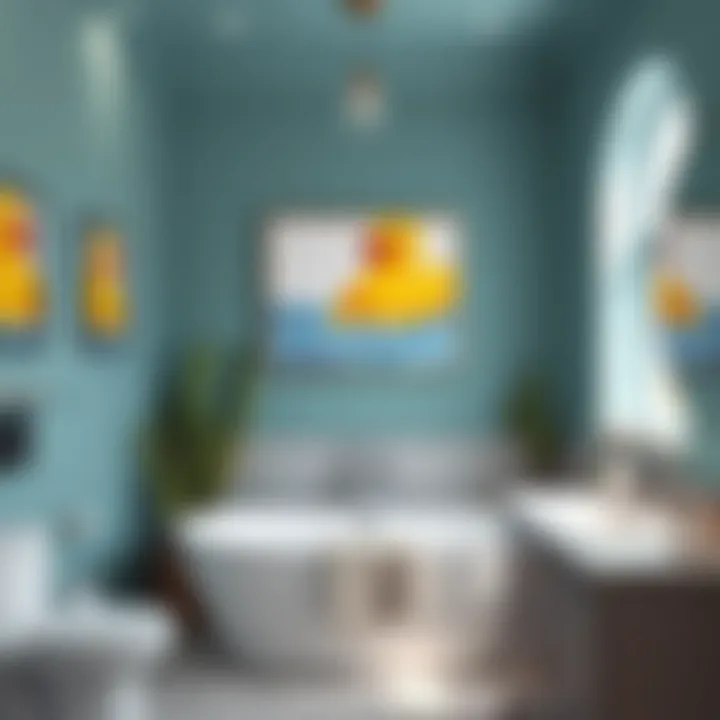 Modern Bathroom with Rubber Duck Artwork A modern bathroom showcasing rubber duck themed artwork and decor