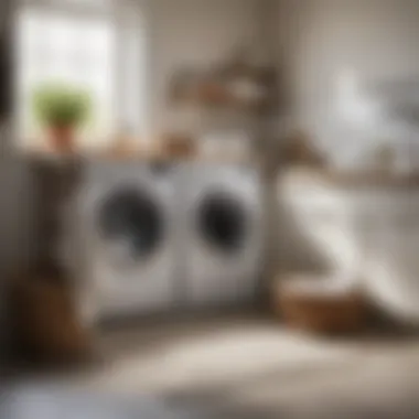 A serene laundry room setting, featuring a washing machine and a basket filled with freshly laundered kitchen towels.