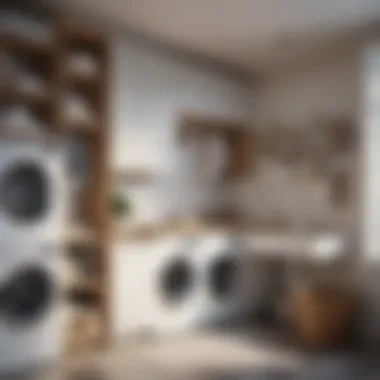 Contemporary laundry room with a blend of materials in racks and shelves.