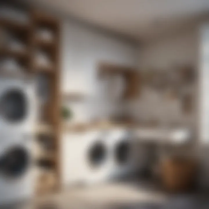 Contemporary laundry room with a blend of materials in racks and shelves.