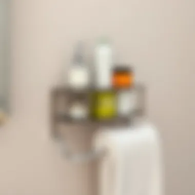 Organized Bathroom Essentials on Shelf Organized bathroom essentials on wall shelf with towel bar