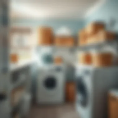 An organized laundry room featuring beach themed storage solutions.