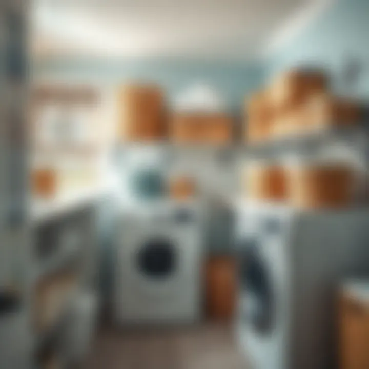 An organized laundry room featuring beach themed storage solutions.