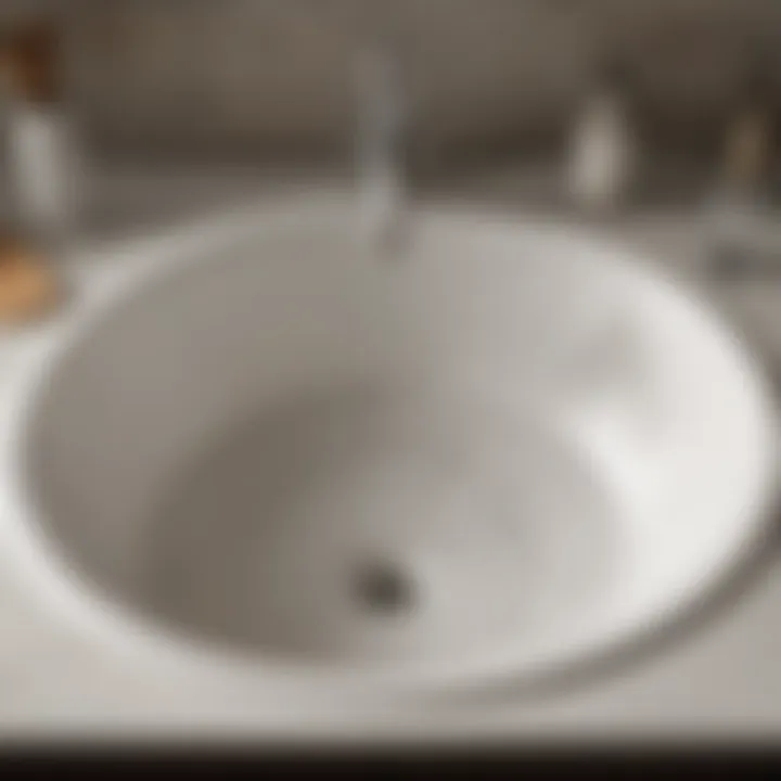 A close-up view of a clogged sink with water backing up