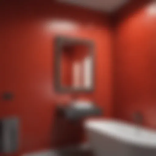 Vibrant red waterproofing paint applied to bathroom walls