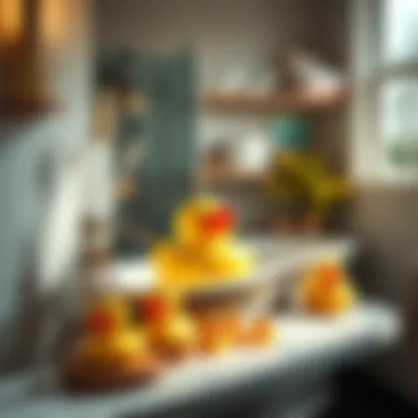 Unique Rubber Duck Accessories A collection of unique rubber duck accessories arranged in a stylish bathroom