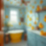 A vibrant bathroom adorned with rubber duck motifs and playful colors