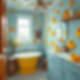 A vibrant bathroom adorned with rubber duck motifs and playful colors
