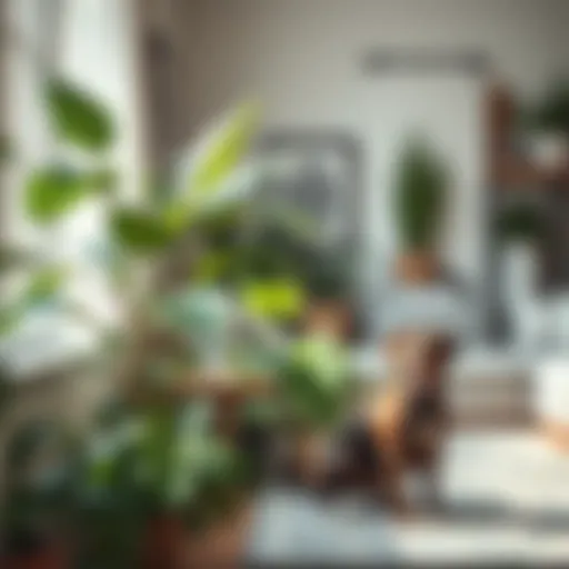 A lush indoor plant thriving in a bright living room with a playful dog nearby