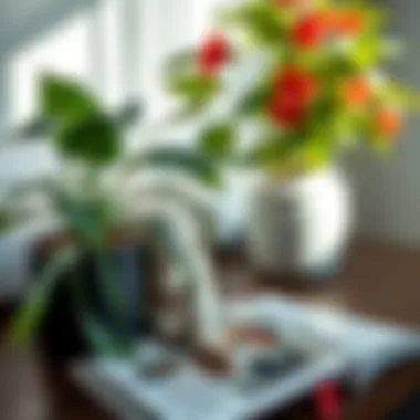 A close-up of a dog-safe plant variety alongside a book about pet care