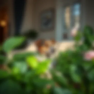 A tranquil home environment showcasing a dog relaxing among green plants