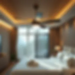 Contemporary bedroom featuring a silent ceiling fan