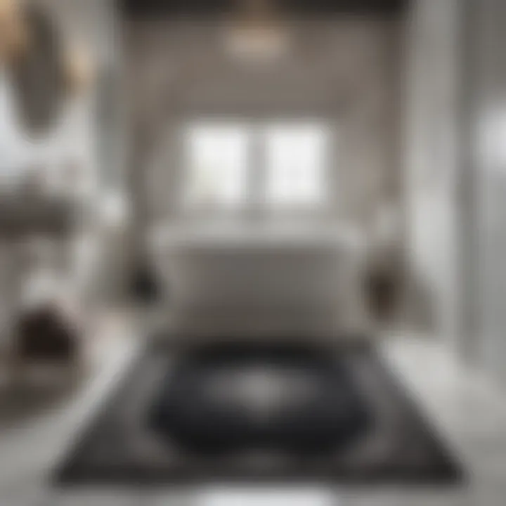 Stylish small black and white rug complementing luxury bathroom fixtures